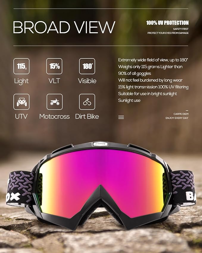 Motorcycle Glasses Goggles Dirt Bike Motocross Safety ATV Tactical Riding (Hd Purple-black, Adult)
