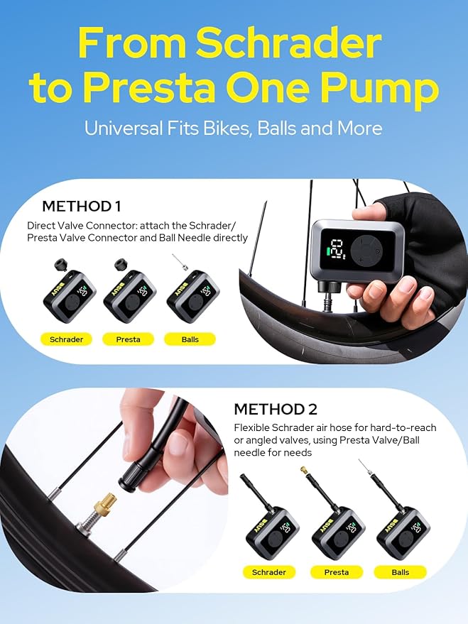 Mini Bike Tire Pump, 120PSI Portable Electric Bicycle Air Pump with Digital Gauge & Auto-Stop, 20s Faster Inflation for Road Bike, Mountain Bike, E-Bike – Presta/Schrader Valve Compatible