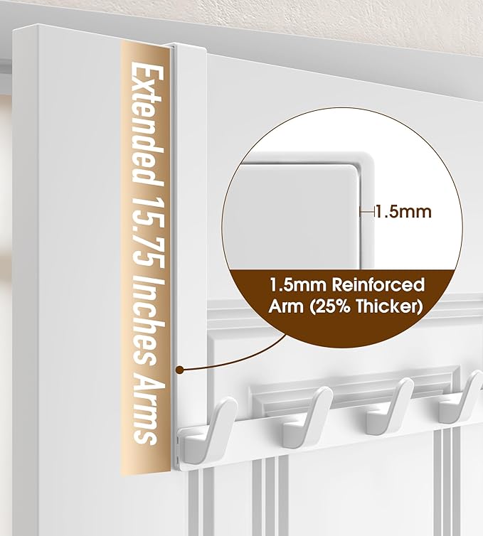 KitchLife Long Over The Door Hooks Hanger with 15.75" Extended Arms, Fits 1 3/4" Doors, L40U - Upgraded Thickened Heavy Duty Bathroom Accessories and Towel Rack Organization - 1 Pack, Glossy White