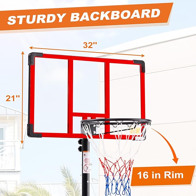 Portable Basketball Hoop Outdoor, Adjustable Basketball Hoops Goal System Shatterproof Backboard, Shock Absorbent Rim, Fillable Base for Swimming Pool/Backyard/Driveway