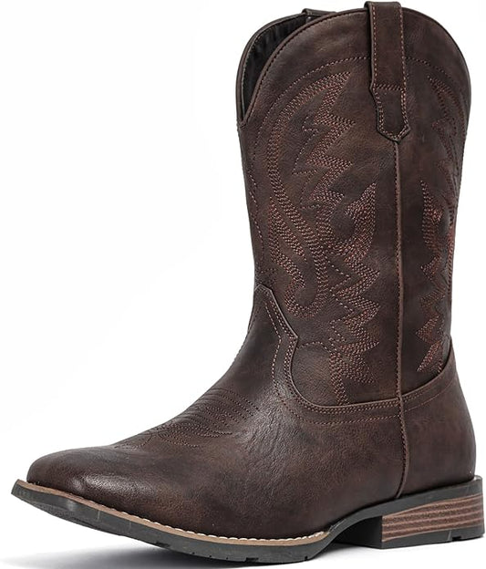 IUV Cowboy Boots For Men with Wide Square Toe Western Retro Boot Durable Classic Fashionable Embroidered Pull On Slip Resistant Boots