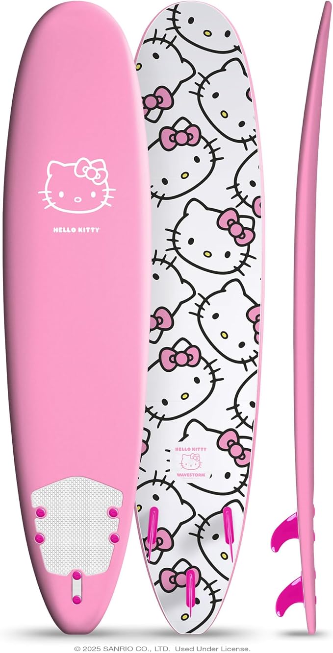 Hello Kitty 8ft Surfboard by Wavestorm | Graphic top Deck with high Density Slick Bottom | for Kids and Adults | Foam Construction with Accessories | Includes Basic Leash