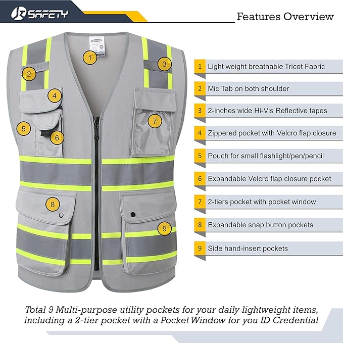 JKSafety 9 Pockets Hi-Vis Fluorescent Color Zipper Front Safety Vest with Neon Color Extended Yellow Trims for Men and Women Work Safety Utility (901-Grey L)