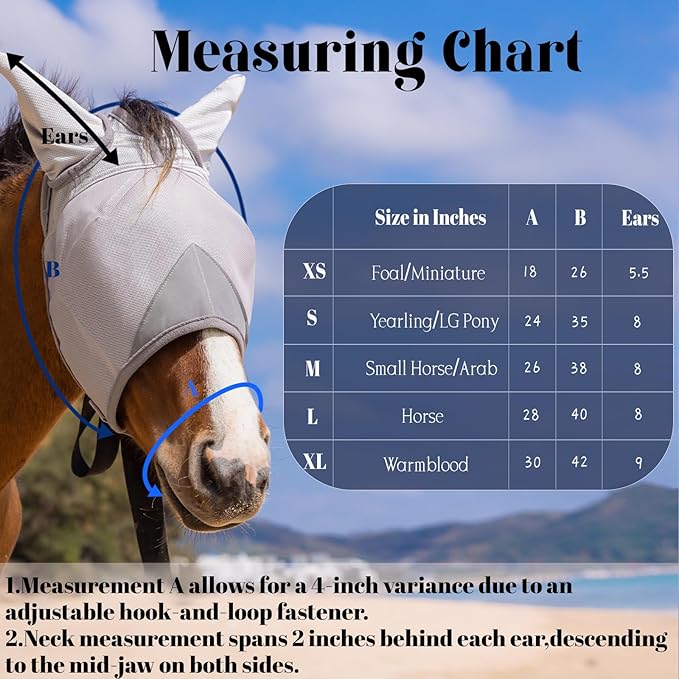 Raelitego Horse Fly Mask, Adjustable Fly Masks for Horses with Ears, UV Protection from Insect Pests Comfort Mesh Without Nose Average Size Horses Accessories(Small)