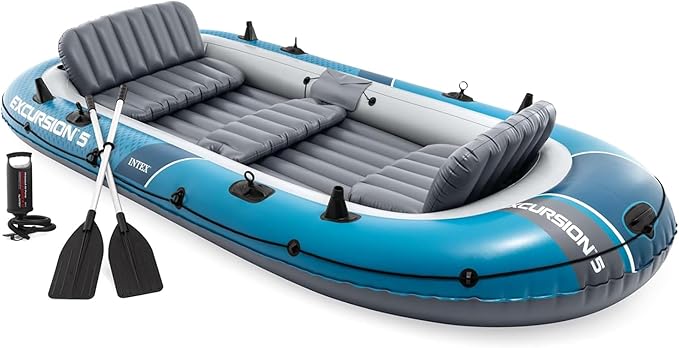 INTEX 66325EP Excursion 5 Inflatable Boat Set: Includes Deluxe 54in Aluminum Oars and High-Output-Pump – Adjustable Seats with Backrest – Fishing Rod Holders – 5-Person – 1320lb Weight Capacity