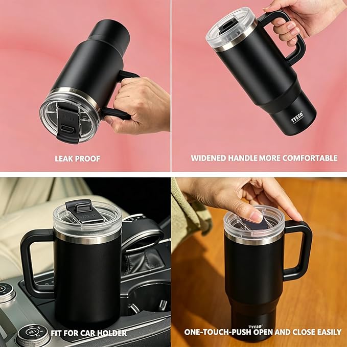 TYESO Vacuum Insulated Tumbler Water Bottle Cold Insulation Stainless Steel Bottle Straw Handle Mug Double Wall Wide Mouth (BLACK, 30 oz)