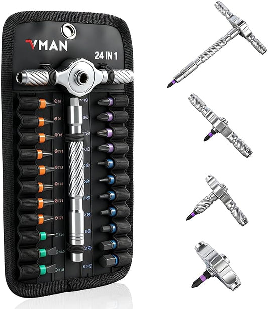 VMAN Ratchet Magnetic Screwdriver Set, 24 in 1 S2 Steel Bits and Head-tail Drive T-Handle, DIY Combination Flexible Shaft for Furniture Assembly, Electrical Appliance Repair, Bicycle Tools