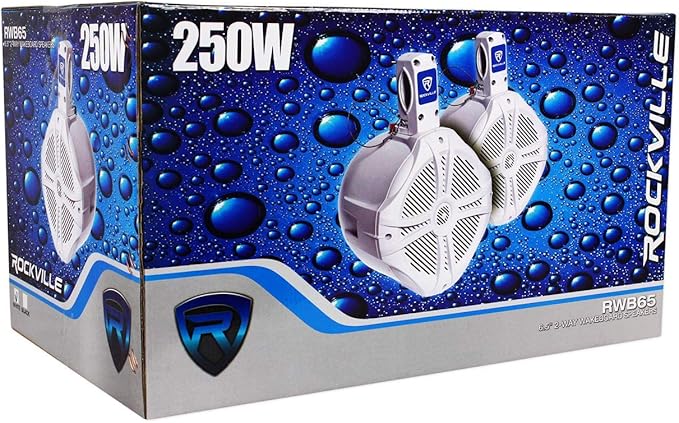 Rockville Pair RWB65W 6.5" White 2-Way Marine Wakeboard Tower Speakers, 250W Total, 4 Ohm, Waterproof, High-Fidelity Sound, Durable Mounting for Boats and Off-Road Vehicles