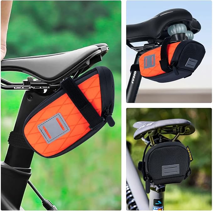 ENLEE Bike Seat Bag, Reflective Bike Saddle Bag with Taillight Hangers, Waterproof Orange Bicycle Bag Under Seat with Independent Item Partitions for Mountain/Road/Gravel Bikes, Small Size