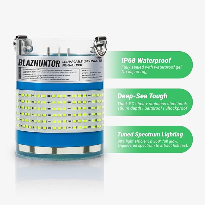 Rechargeable Underwater Fishing Light,Auto On in Water,Multi-Color Options, Up to 16000lm, IP68 Waterproof,No External Power,Cordless,Night Boat Dock Ice Fishing