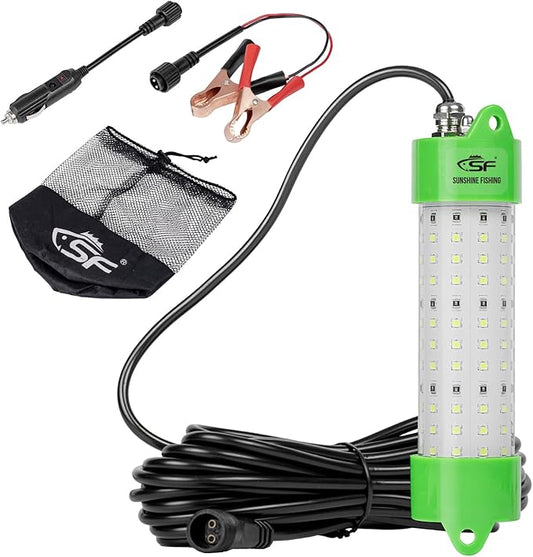 SF DC 12V LED Underwater Fishing Light 45W 70W 100W Fish Attracting Light 5600 7000 13000lm Green Fishing Light Submersible for Dock and Boats IP68 Waterproof with Cigarette Lighter or Battery Clips