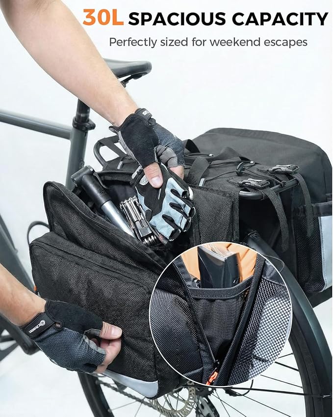 Bike Panniers 30L, Water Resistant Bicycle Saddle Bag for Rear Rack with Zipper Flap, Large Capacity Bike Bags with Bottle Holders, Reflective Pannier for Cycling Commuting Touring