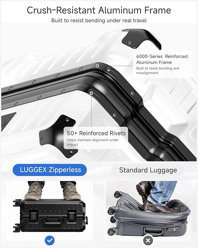 LUGGEX Carry On Luggage with Spinner Wheels, 8010S Aluminum Frame Zipperless Polycarbonate Hard Shell Suitcase (ZX-Core, Black, 21 Inch)