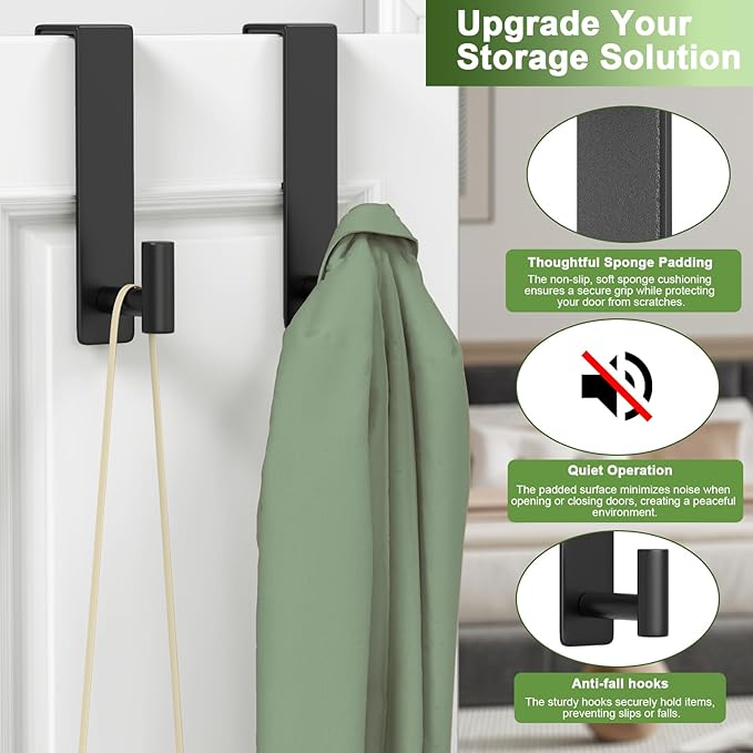 Heavy Duty Stainless Steel Over-Door Hook for Coats, Totes, Towels – Easy Install Door Hooks with Non-Slip Pads for Bedroom Bathroom Entryway Office (Black, 2 Pack, Fits 1-3/4" Thick Door)