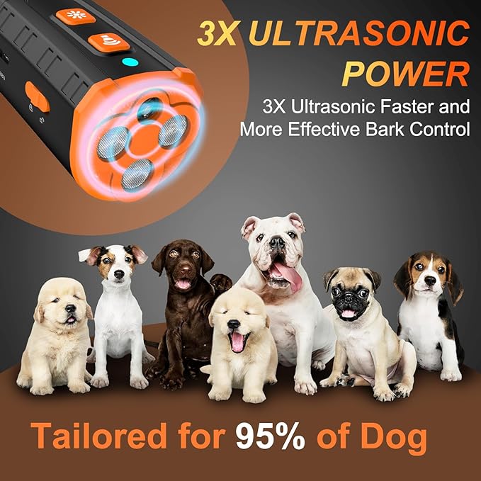 Dog Bark Deterrent Device, Anti Barking Device Bark Button for Dogs with 3X Ultrasonic Silencer, Stopping Own or Neighbor's Dog Barking, Dog Behavior Training, Safe, Rechargeable, Indoor Outdoor