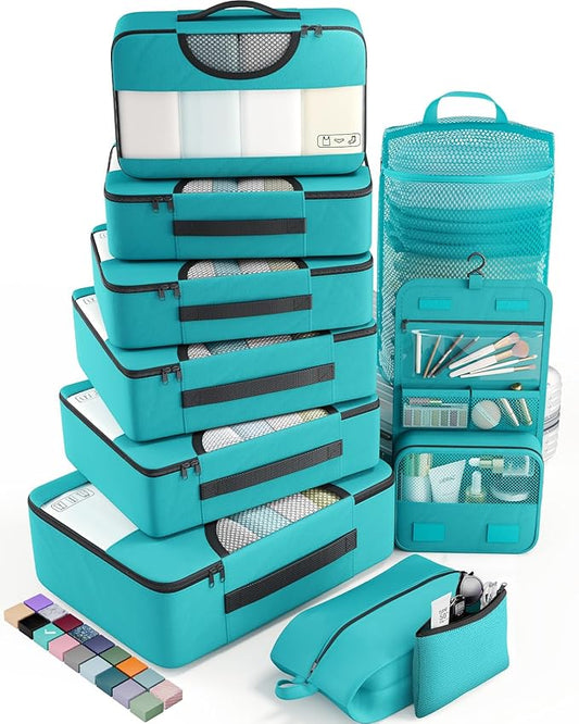 Veken 10 Set Packing Cubes for Toddler & Kids, Airplane Travel Essentials, Beach Vacation & Road Trip Suitcase Organizer Bags Set for Luggage, with Hanging Toiletry & Shoe Bag