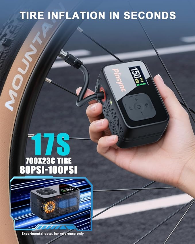 Mini Electric Bike Pump, 17S Fast Inflate 150PSI Portable Tire Pump with Digital Auto Stop, Presta & Schrader Valve Compatible for Road Bike, MTB, E-Bike