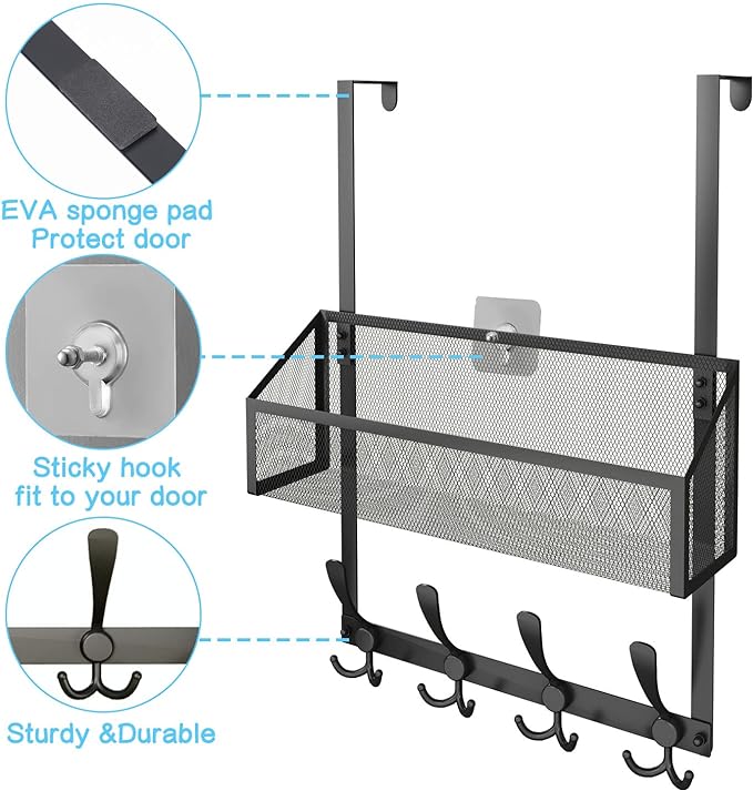 Over The Door Hooks Organizer, Coat Rack Over The Door Storage Hanger Towel Rack, Back of Door Storage Organizer for Bathroom,Bedroom,Kitchen,Office (Black, 2-Tier)