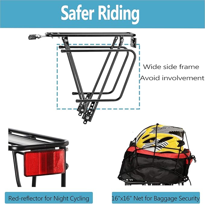 Rear Bike Rack,Bike Cargo Rack,Bicycle Pannier Rack with Reflector and Cargo Net,Height Adjustable Fit 26”-29” and 700c Bike with Non-disc Brake,BCR04