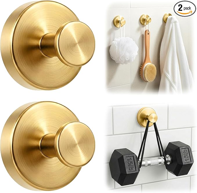 Upgraded Suction Cup Hooks for Shower, Heavy Duty Removable Towel Hooks for Bathroom Glass Door Wall, Stainless Steel Shower Hooks for Towel & Loofah (2 Pack, Gold)