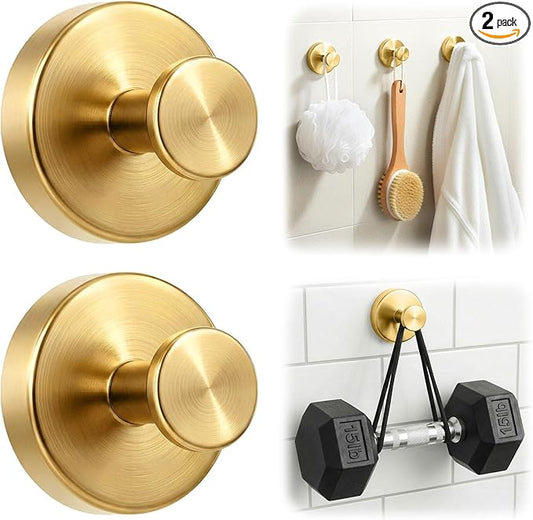 Upgraded Suction Cup Hooks for Shower, Heavy Duty Removable Towel Hooks for Bathroom Glass Door Wall, Stainless Steel Shower Hooks for Towel & Loofah (2 Pack, Gold)