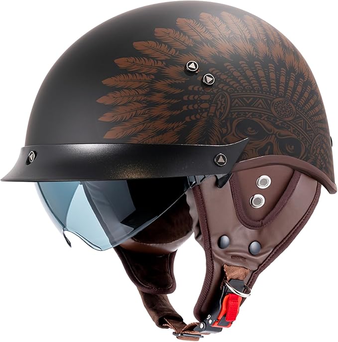 VCOROS Half Helmet Motorcycle DOT Approved Open Face Helmet F07 with Sun Visor and Quick Release Buckle for Adults Men and Women (F07-Indian,S)