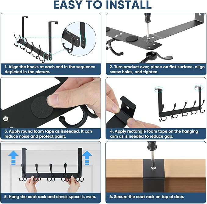 TICONN Over The Door Hooks, 5 Heavy Duty Tri Coat Rack All Metal Coat Hanger for Bathroom Bedroom Dorm (Matte Black, 1PK, Fit 1-3/8" Doors)