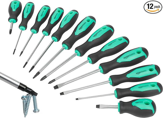 Amazon Basics Magnetic Screwdrivers Set, 12-Piece, Phillips, Slotted, Torx, Square, and Stubby with Non-Slip Handle, Hand Tools Set, Turquoise
