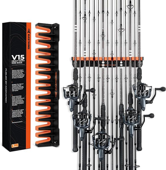 KastKing V15HD Heavy Duty Vertical Fishing Rod Holder – Wall Mounted Fishing Rod Rack, Store 15 Large Rods or Fishing Rod Combos in 18 Inches, Great Fishing Pole Holder and Rack, 1 Pack