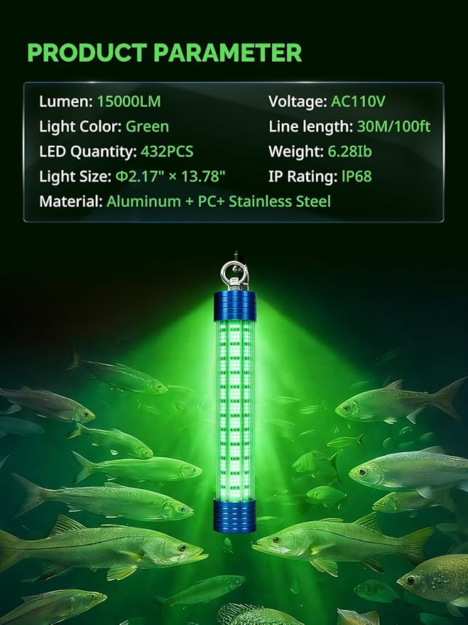 15000LM Green Underwater Fishing Light, 200W 110V Safety Plug with 100ft Cable, IP68 Submersible Light Attractants for Night Fishing, Dock, Boat or Kayak