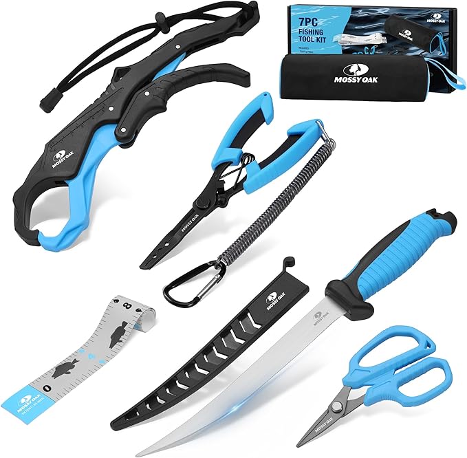 Mossy Oak Fishing Tools Kit- Fishing Plier, Fish Lip Gripper, Multifunctional Fishing Hook Remover with Lanyards Sheath, Saltwater Resistant Fishing Accessories & Equipment, Fishing Gifts for Men
