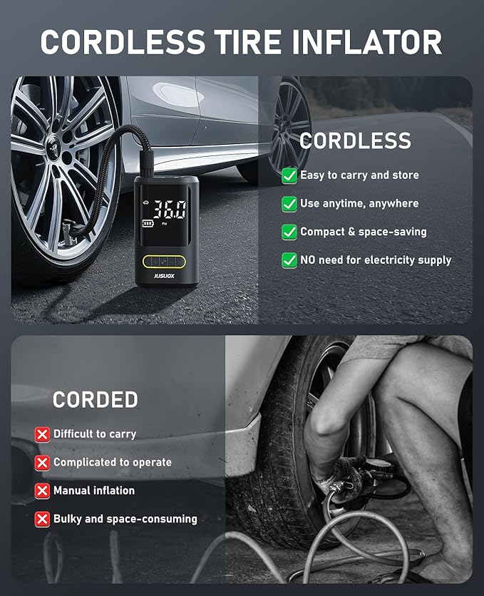 JUSUOX Tire Inflator Portable Air Compressor, Electric Bike Pump with Digital Pressure Gauge, 150 PSI Cordless Air Pump for Car Tires, Motorcycle, Bicycle, Ball with Auto Shutoff, LED Light