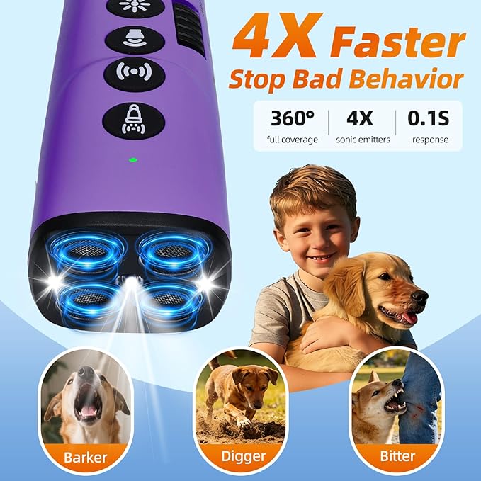 4X Ultrasonic Dog Bark Deterrent Device, 2026 Newest Stop Neighbors Dog Barking, 4 Nozzles Up 90% Efficiency, 3 Modes Humane Training Tool with Flashlight , Safe for Pet Indoor Outdoor(Purple)