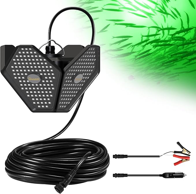 Goldlife 12V Foldable Underwater Fishing Light with 50FT Cable, 400W 40000LM Brightness Green LED Submersible Light Attractants for Docks/Boats/Kayaks, IP69K Rated for Fresh & Salt Water