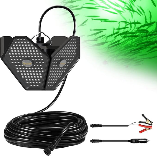 Goldlife 12V 折りたたみ式水中釣りライト 50FTケーブル付き、400W 40000LM 高輝度グリーンLED水中ライト、ドック/ボート/カヤック用誘引剤、IP69K定格 淡水・海水対応