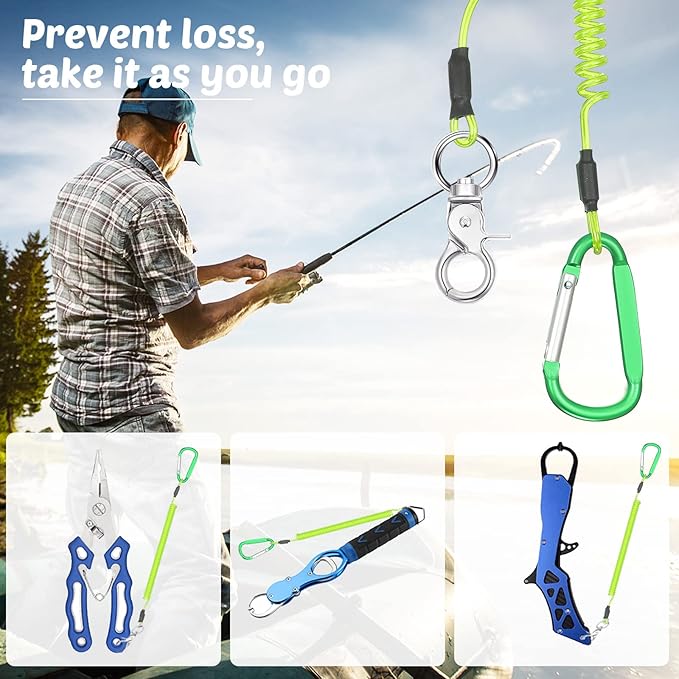 Woanger 6 Pack Fishing Lanyard Steel Wire Coiled Lanyard Tool Lanyards for Hand Tools Kayak Retractable Tool Leash Fishing Rod Safety Lanyards Gear with Alloy Clips for Pliers Boating