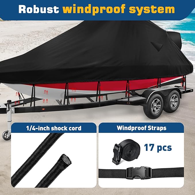 Wake Tower Boat Cover,900D Marine Heavy Duty Waterproof Boat Cover,Wakeboard Tower Boat Cover,Fits V Hull Runabout Ski-Boats, 25-27ft, Black