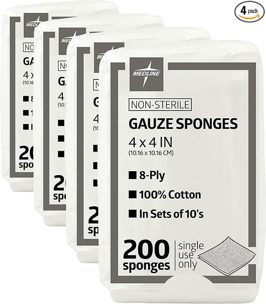 Medline Gauze Sponges, 4 x 4 inch, 100% Cotton, 200 Count | 8-Ply | Woven | Non-Sterile | Pack of 4