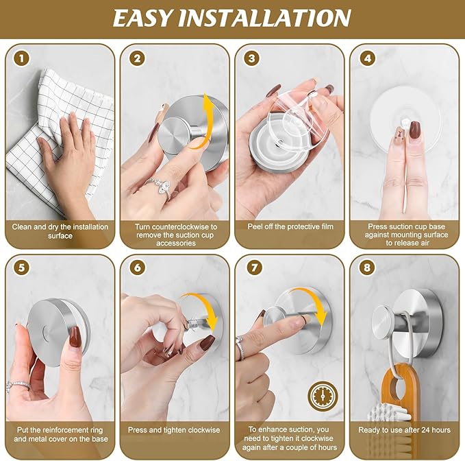 BKV Suction Cup Hooks for Glass Window,Removable Shower Hooks for Inside Shower,Metal Towel Hooks for Bathrooms,4 Pack(Silver)