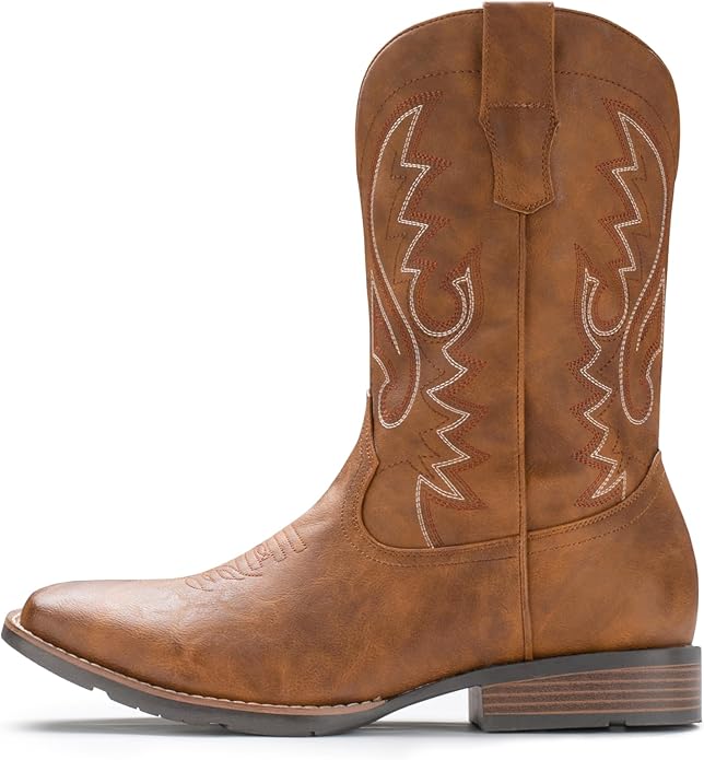 IUV Cowboy Boots For Men with Wide Square Toe Western Retro Boot Durable Classic Fashionable Embroidered Pull On Slip Resistant Boots