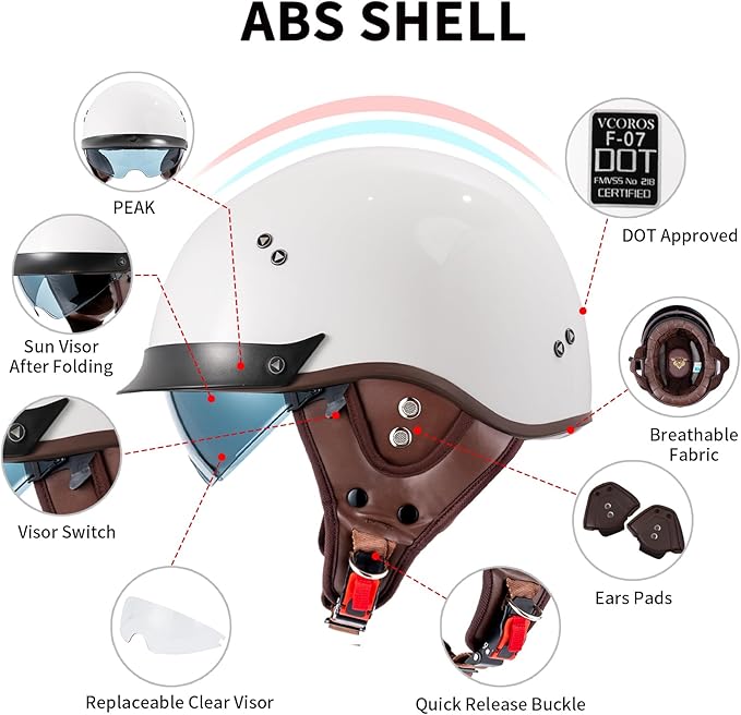 VCOROS Half Helmet Motorcycle DOT Approved Open Face Helmet F07 with Sun Visor and Quick Release Buckle for Adults Men and Women (Gloss White,XXL)