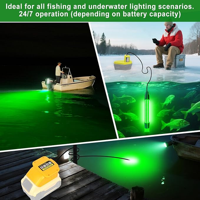 Underwater Green Fishing Light Compatible with Dewalt 20V Battery,Fishing Lights LED Underwater for Crappie and Squid Attracting,13W,1512 lumens,Green Dock Light(No Battery)
