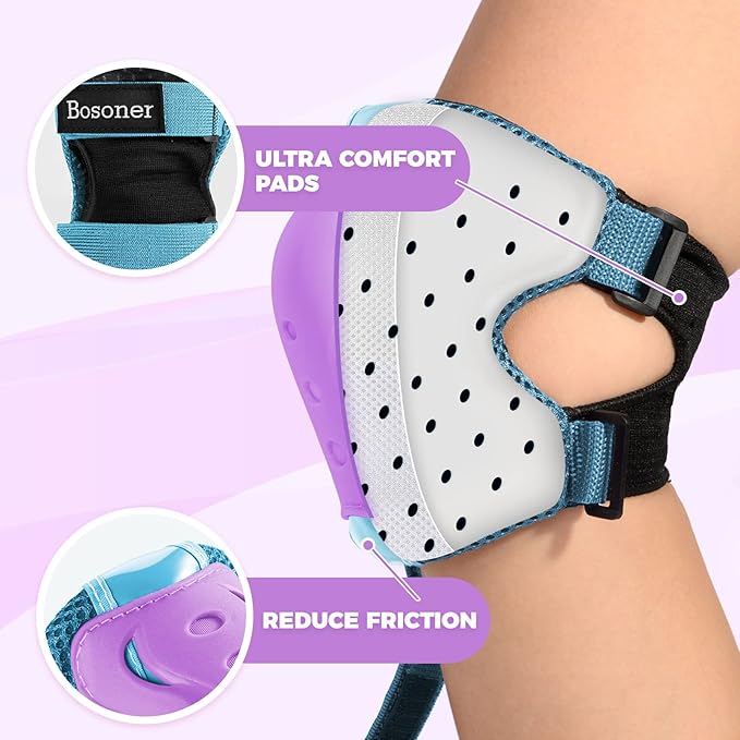 BOSONER Knee Pads for Kids Roller-Skating: Adjustable Protective Gear Set Knee Elbow Pads Wrist Guards for Bike Cycling Skateboarding Scooter Gifts 3-8 / 9-15 Years Boys Girls