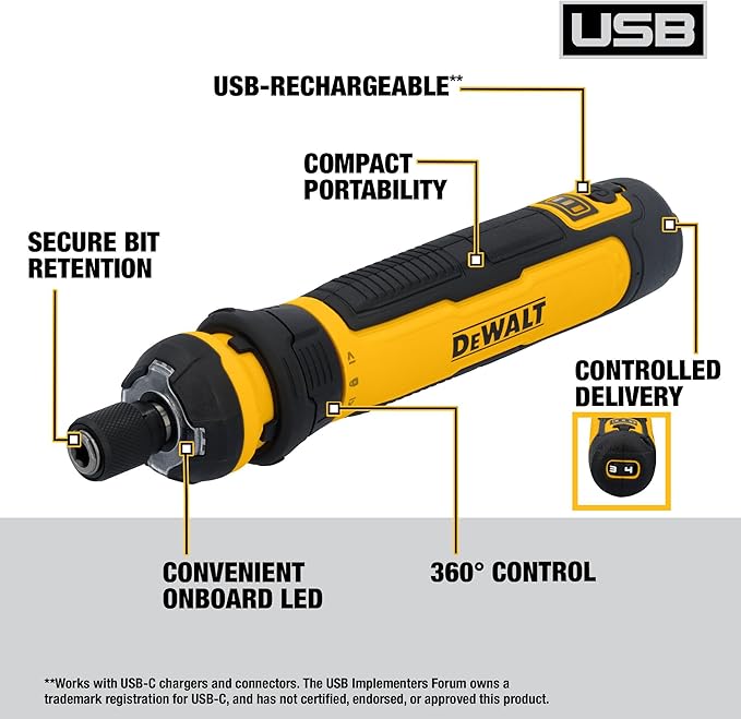 DEWALT Cordless Screwdriver, 4V USB Rechargeable Electric Screwdriver with 12 pcs Screwdriver Bit Set, LED Light, FLEXDRIVE Control, Compact, Ergonomic (DWHT66719)