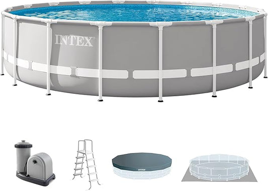 INTEX 26731EH Prism Frame Premium Above Ground Swimming Pool Set: 18ft x 48in – Includes 1500 GPH Cartridge Filter Pump – Removable Ladder – Pool Cover – Ground Cloth