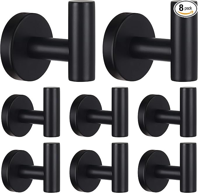 Bathroom Robe Towel Hooks Coat Matte Black Wall Hook Stainless Steel Heavy Duty Door Hanger Towel Robe Clothes Cabinet Closet Sponges Hook for Bathroom Bedroom Kitchen Hotel Pool 8 Packs