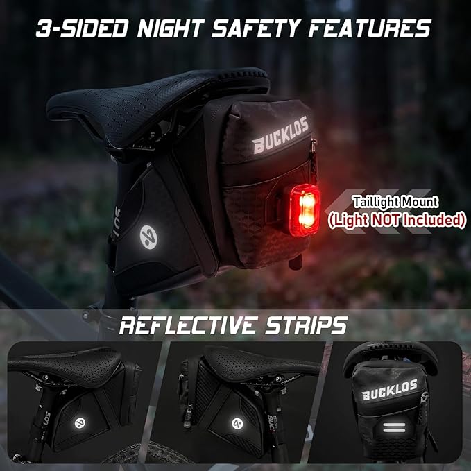 BUCKLOS Bike Saddle Bag, 0.8L Water Resistant Under Seat Bag, 3D Shell 600D Polyester Cycling Wedge Pack with Reflective Strips & Taillight Hanger for Mountain & Road Bikes, Black