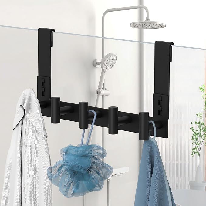 Extended Robe Door Hooks, Heavy Duty Stainless Steel Towel Hooks for Frameless Glass Shower Doors, Towel Hanger Rack, Shower Hooks for Bathroom (Black, 1 Pack)