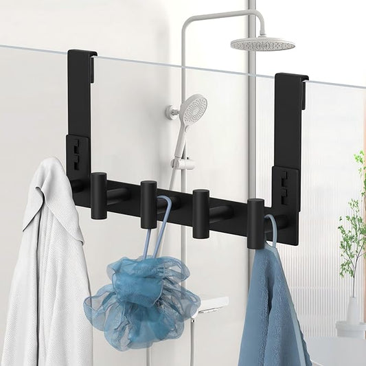 Extended Robe Door Hooks, Heavy Duty Stainless Steel Towel Hooks for Frameless Glass Shower Doors, Towel Hanger Rack, Shower Hooks for Bathroom (Black, 1 Pack)