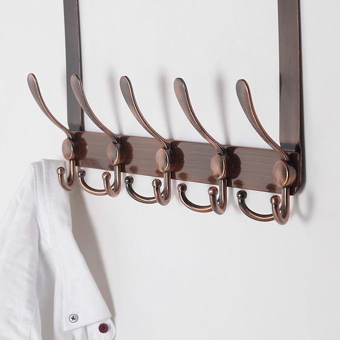 Dseap Over The Door Hook Hanger - Fits 1 3/8" to 1 3/4" Standard Doors | 5 Tri Hooks Heavy Duty Towel/Coat Rack | Door Organizer for Clothes, Jackets, Hats, Towels, Antique Copper, Pack of 2